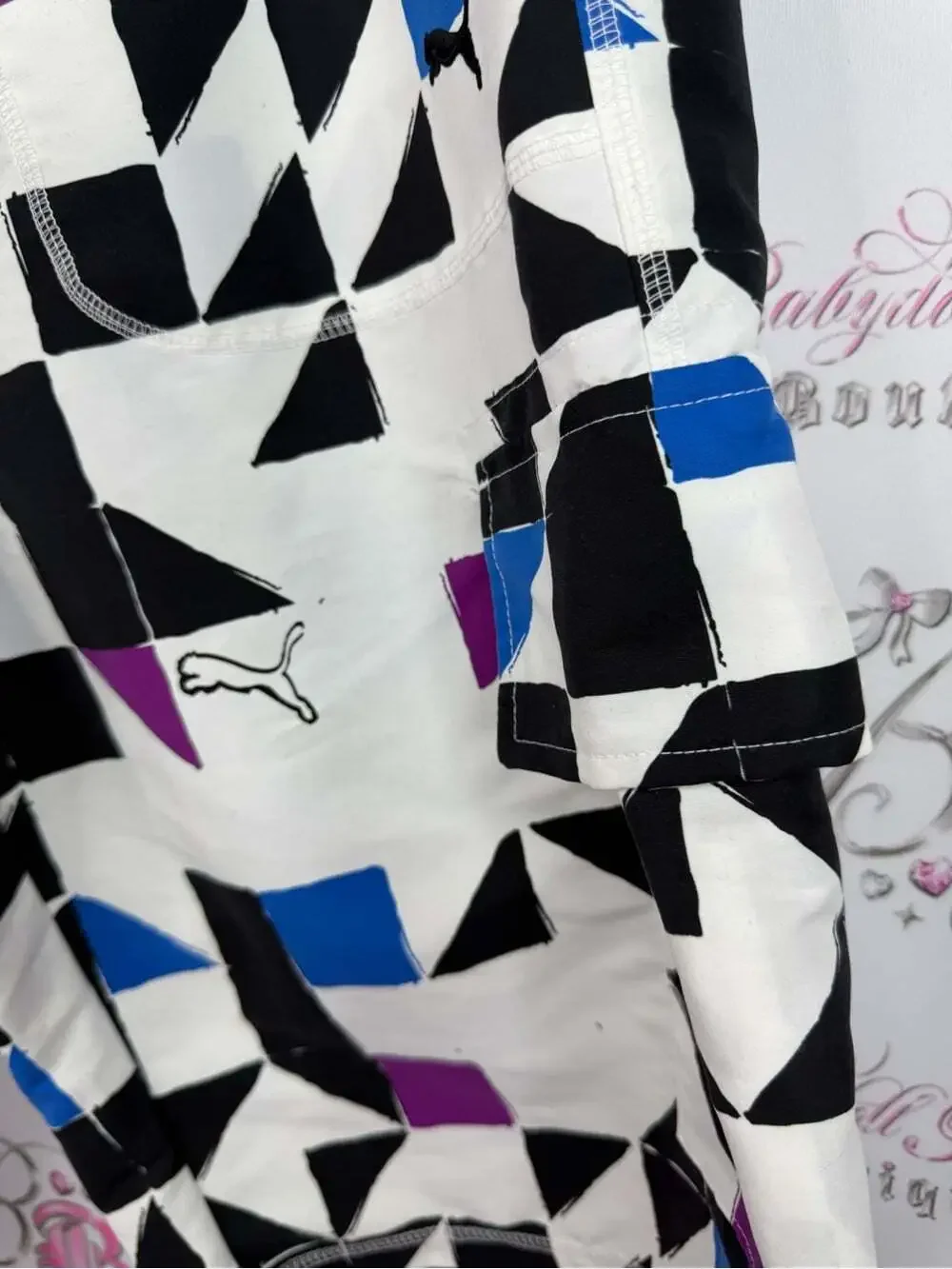 Puma shorts White Swim Board Shorts with Black, Blue, and Purple Geometric Print